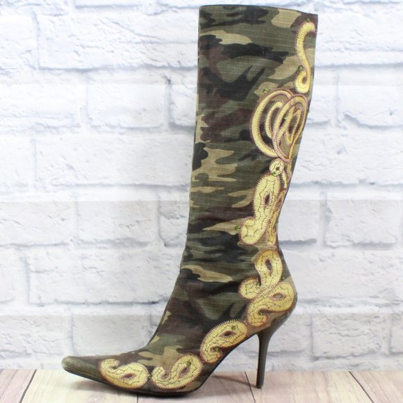 Akademiks Shoes - Akademiks Embroidered Camo Knee High Heeled Boots Size 10